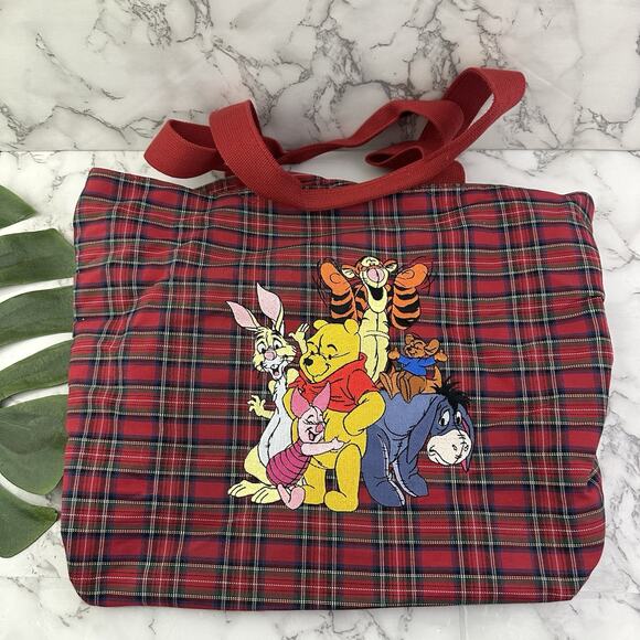 Disney Handbags - Disney Store Vintage 90s Winnie the Pooh Embroidered Tote Bag Purse Red Plaid